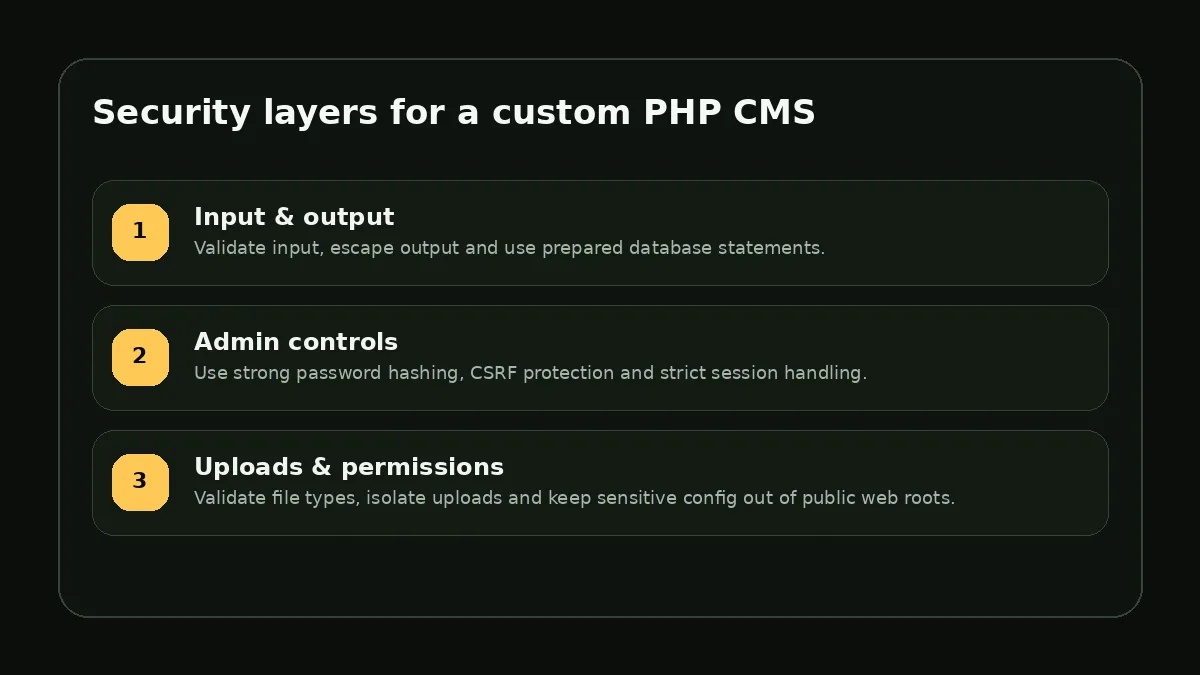 Security layers for a custom PHP CMS including input validation, admin controls and upload permissions